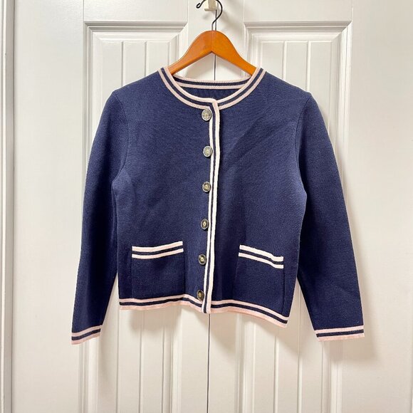 Vintage Preppy Contrast Knit Cardigan Jacket Navy Pink - M - Picture 2 of 12